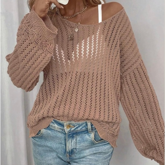 Sheer Open Knit Detail Hem Long Sleeve Lightweight Sweater/Top - Picture 5 of 6